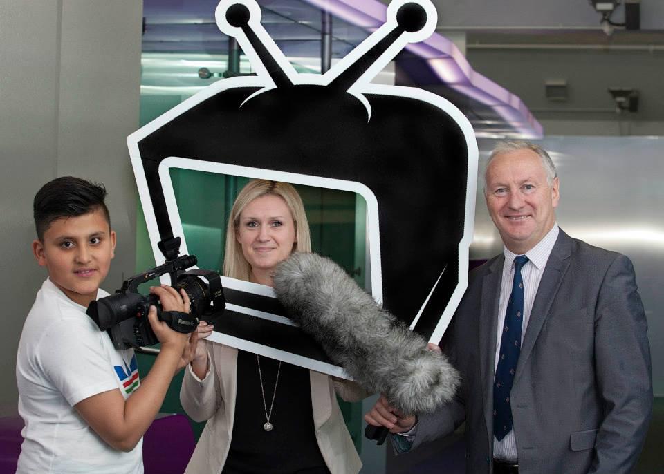 Moazam Ali - one of the participants on the Future Creators programme - is photographed with Jill O'Brien, TV3 Group Director of Digital, Gerry Macken CEO of the Digital Hub Development Agency at the announcement of the partnership between the Future Creators programme and TV3.